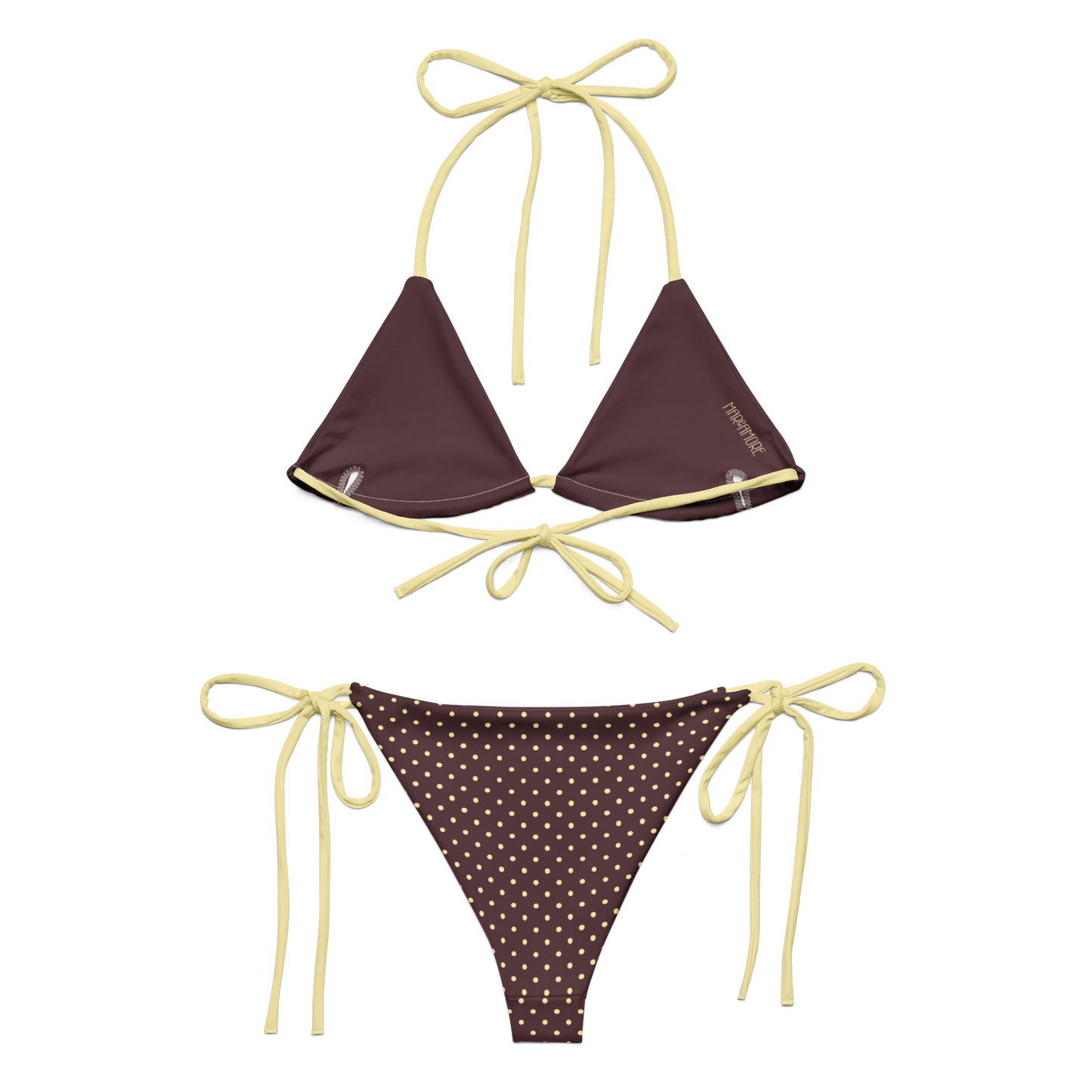 Brown bikini set with polka dot pattern and yellow straps on a white background