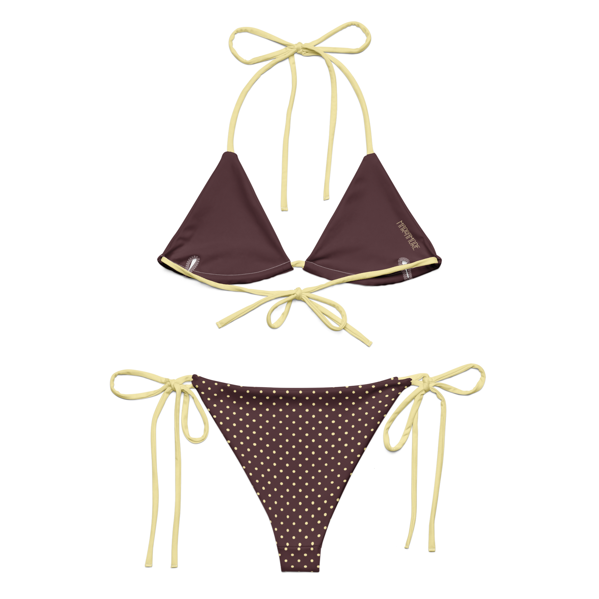 Brown bikini set with polka dot pattern and yellow straps on a white background