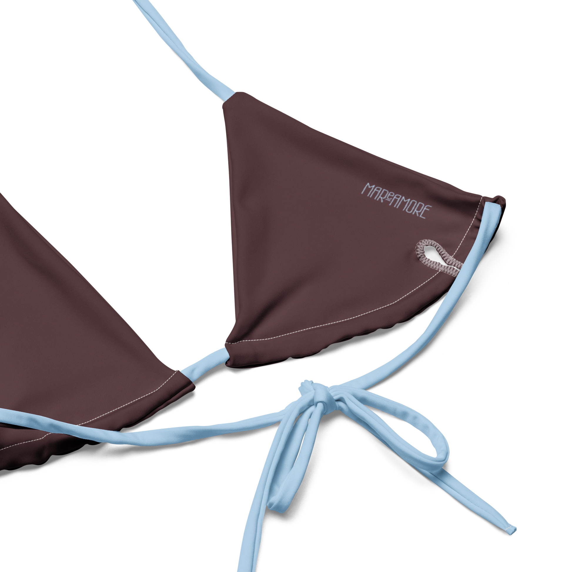 Brown bikini top with blue straps on a white background