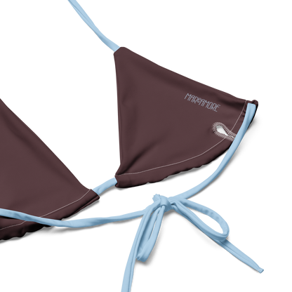 Brown bikini top with blue straps on a white background