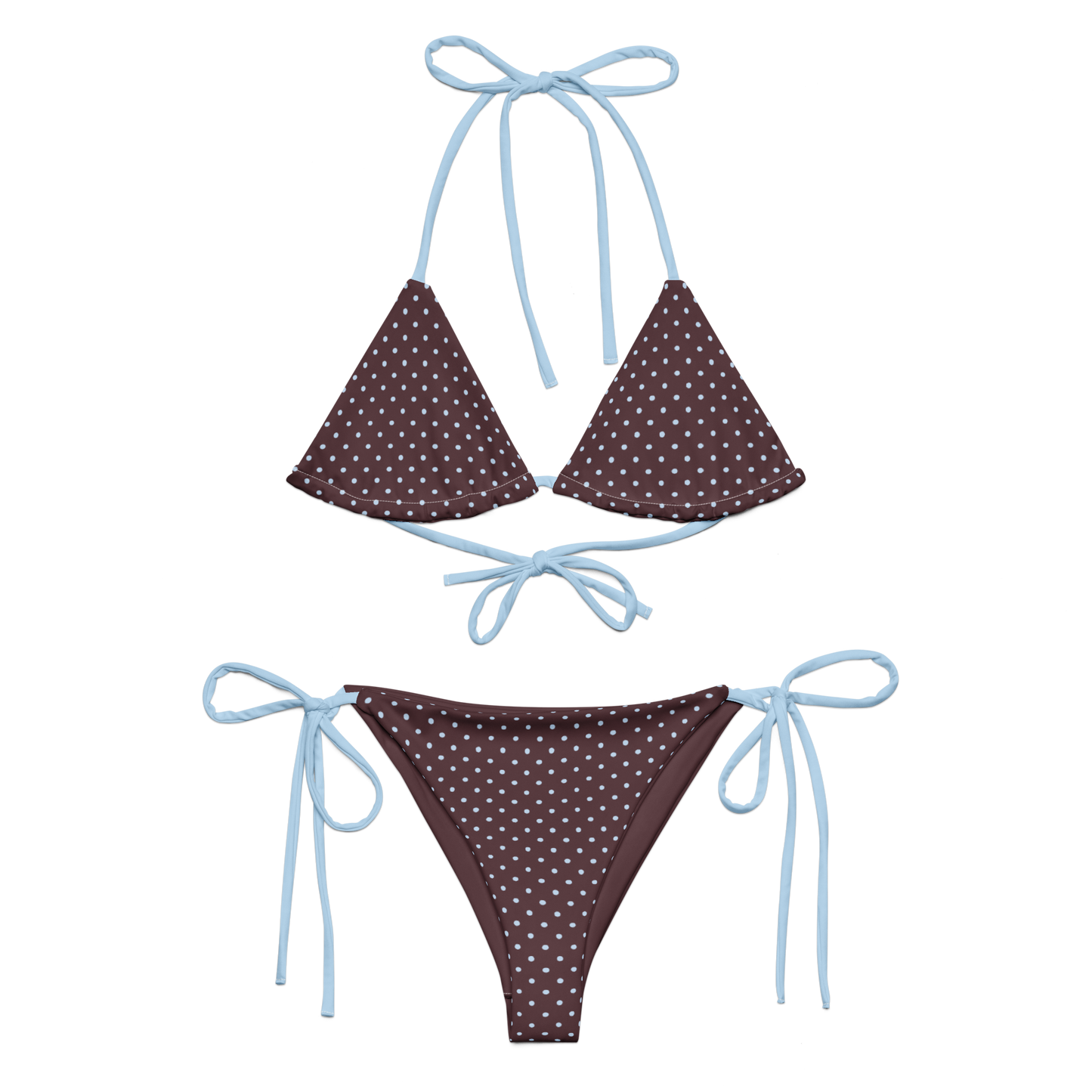 Brown polka dot bikini with blue strings on a white background