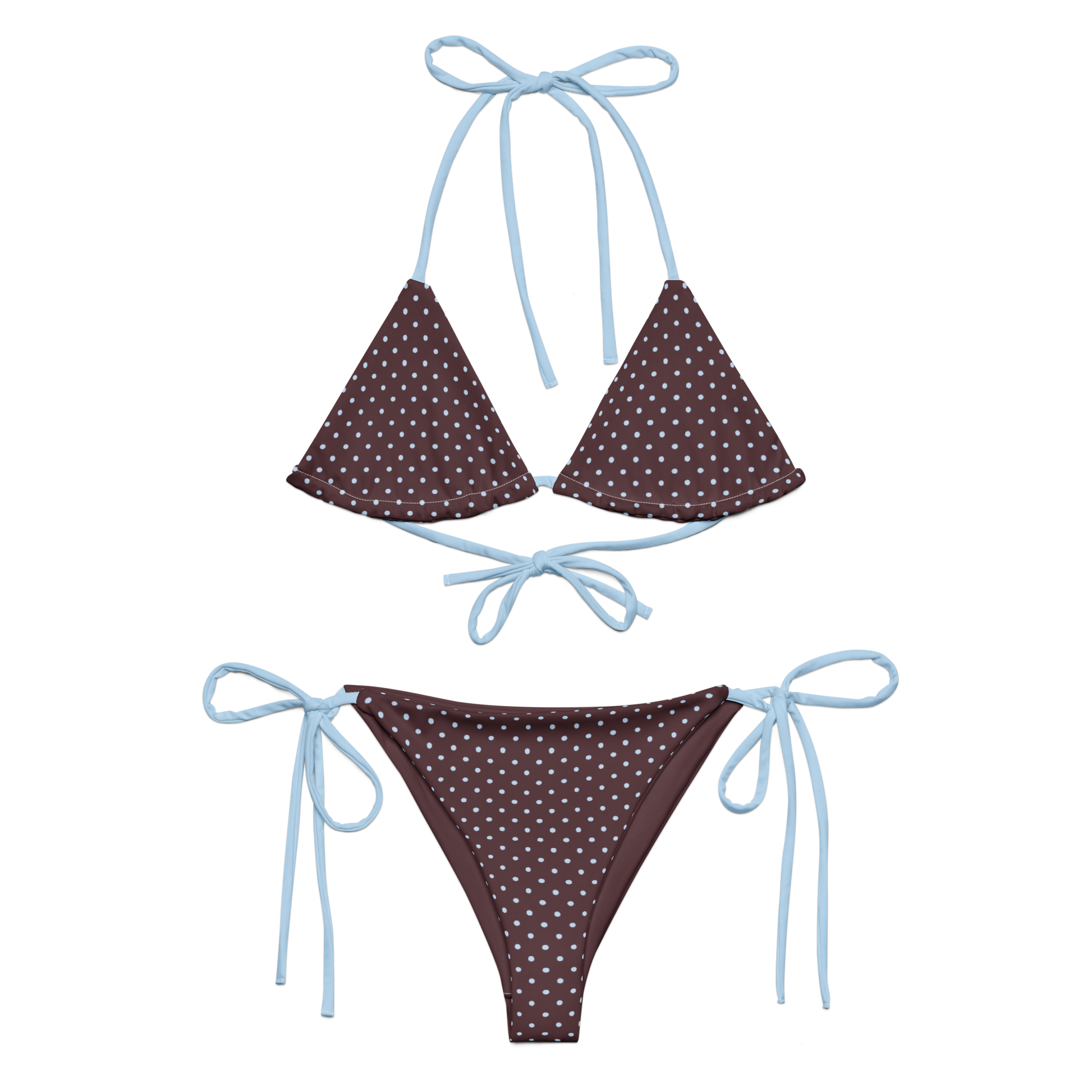 Brown polka dot bikini with blue strings on a white background