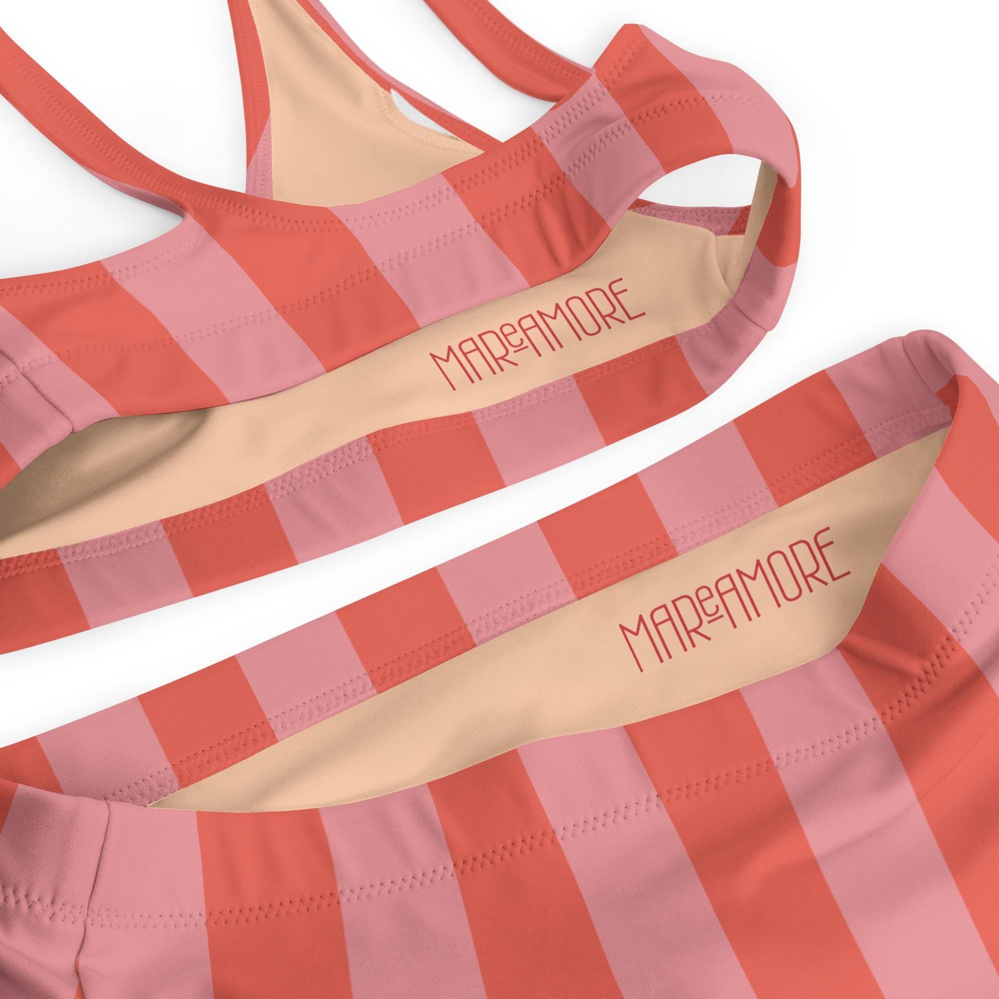 Peach and Pink Striped High Waisted Bikini Set Details MAReAMORE logo lining