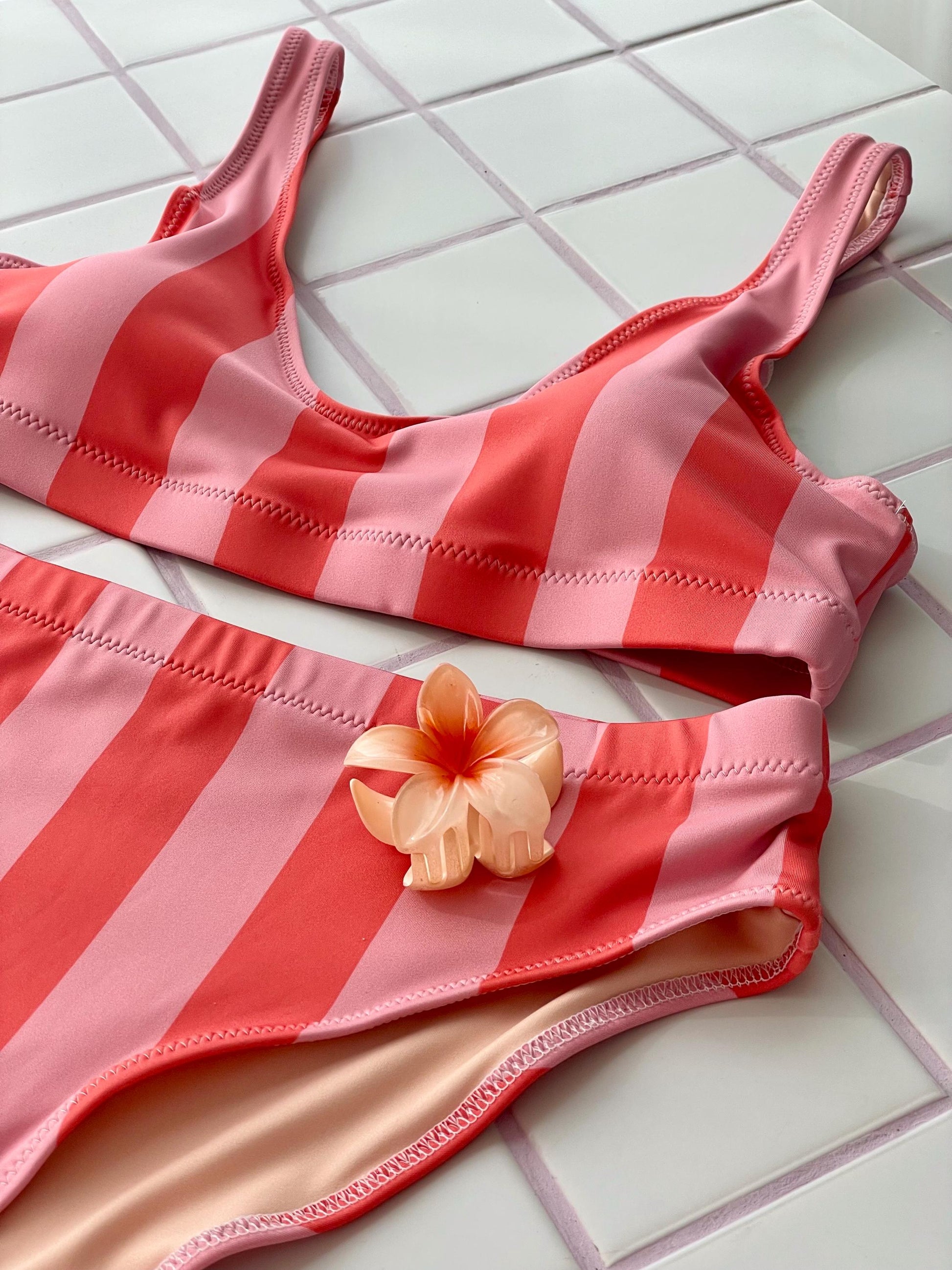 Peach and Pink Stripe High Waisted Bikini Set laid out product photo