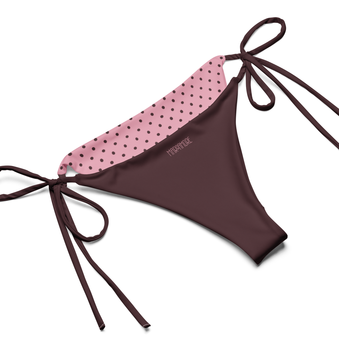 Pink bikini bottoms with brown lining and straps on a white background, product logo detail
