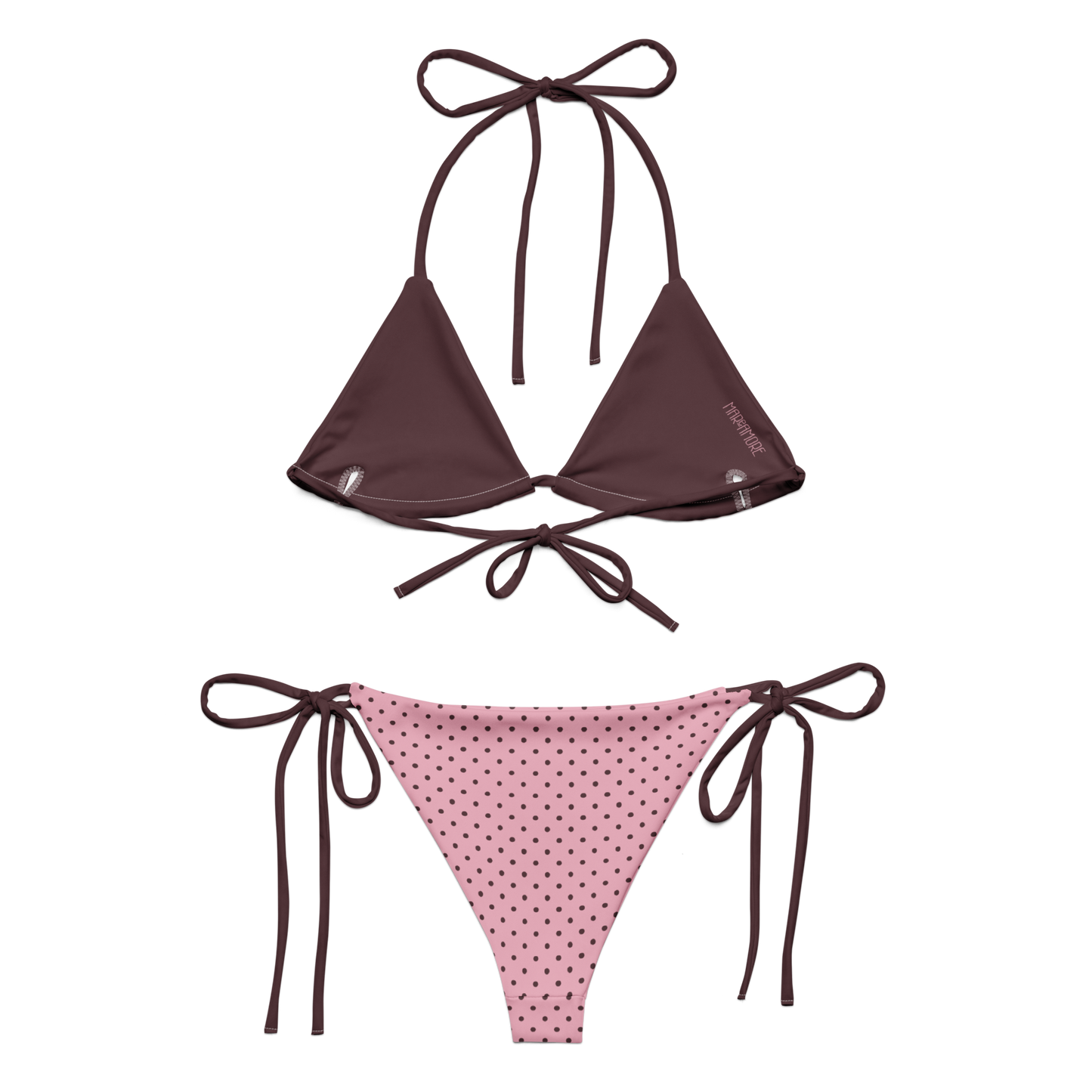 Two-piece bikini set with brown top and pink polka dot bottom on a white background