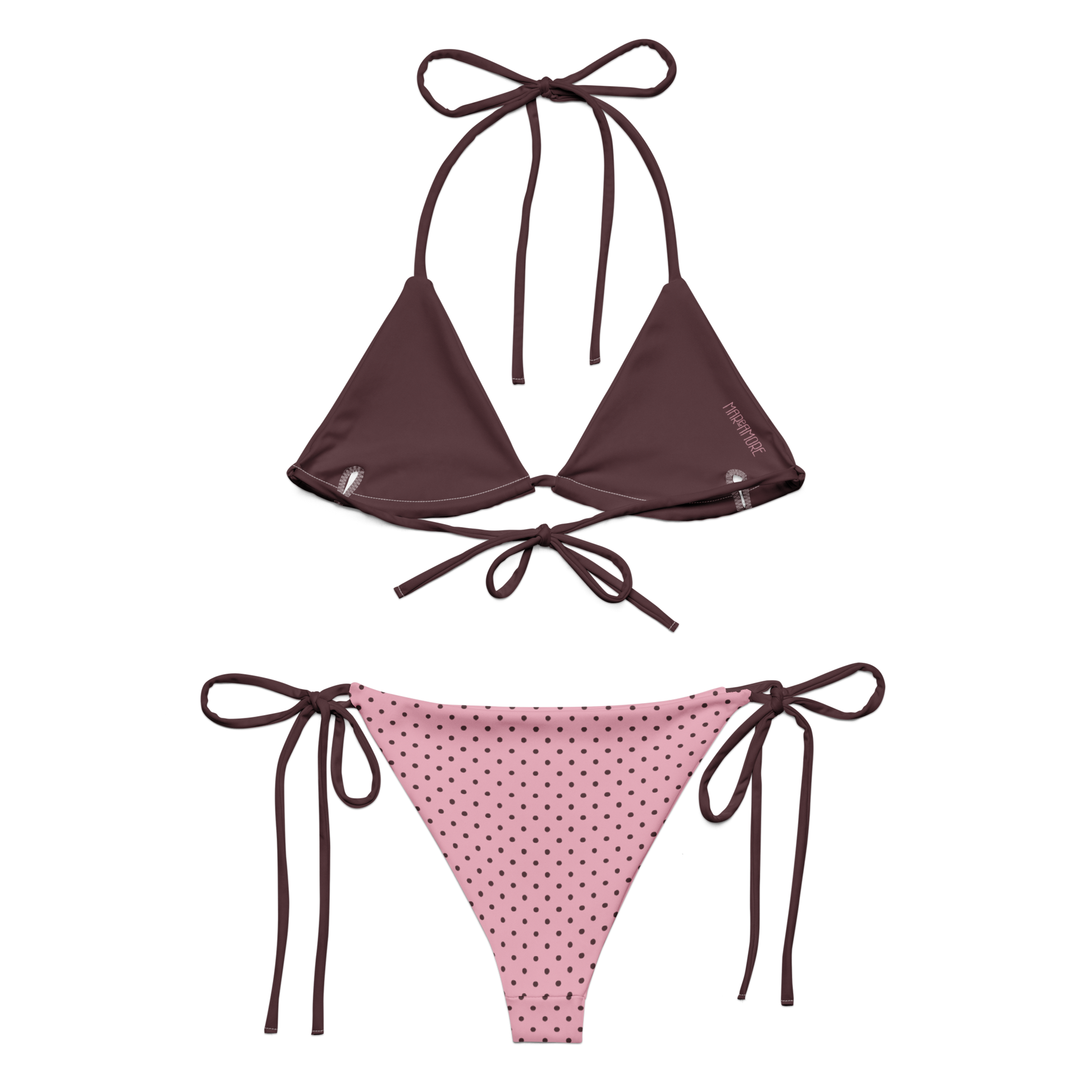 Two-piece bikini set with brown top and pink polka dot bottom on a white background