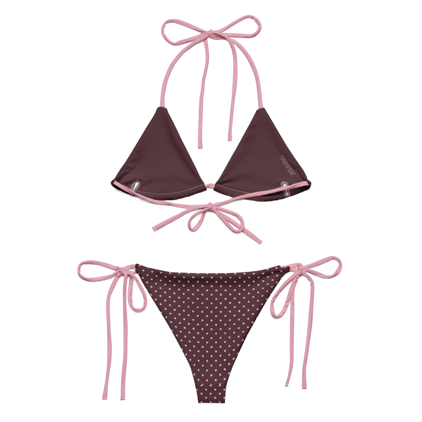 BRown bikini set with pink polka dot pattern and straps MAReAMORE