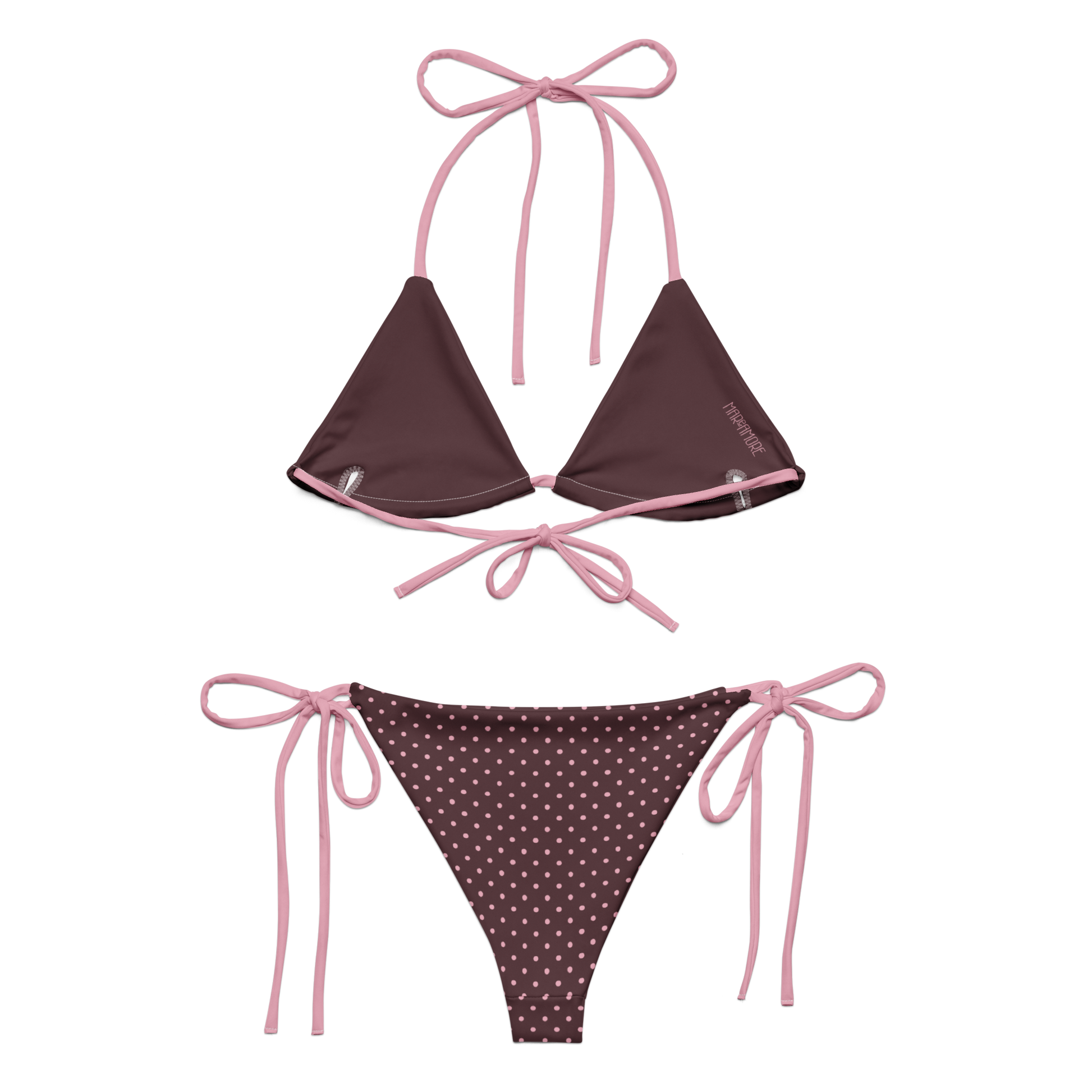 BRown bikini set with pink polka dot pattern and straps MAReAMORE