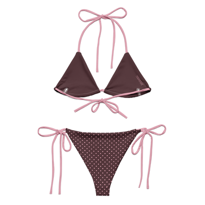 BRown bikini set with pink polka dot pattern and straps MAReAMORE