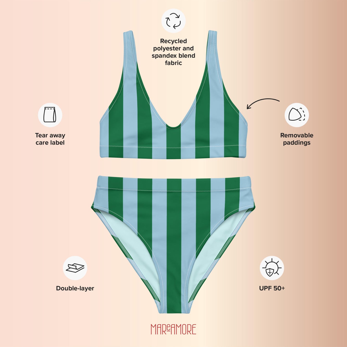 Green & Sky Blue Striped High-Waisted Bikini Set