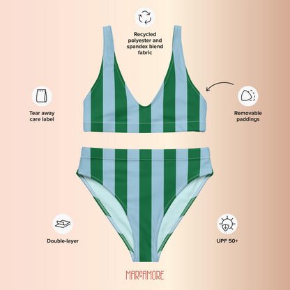 Green & Sky Blue Striped High-Waisted Bikini Set