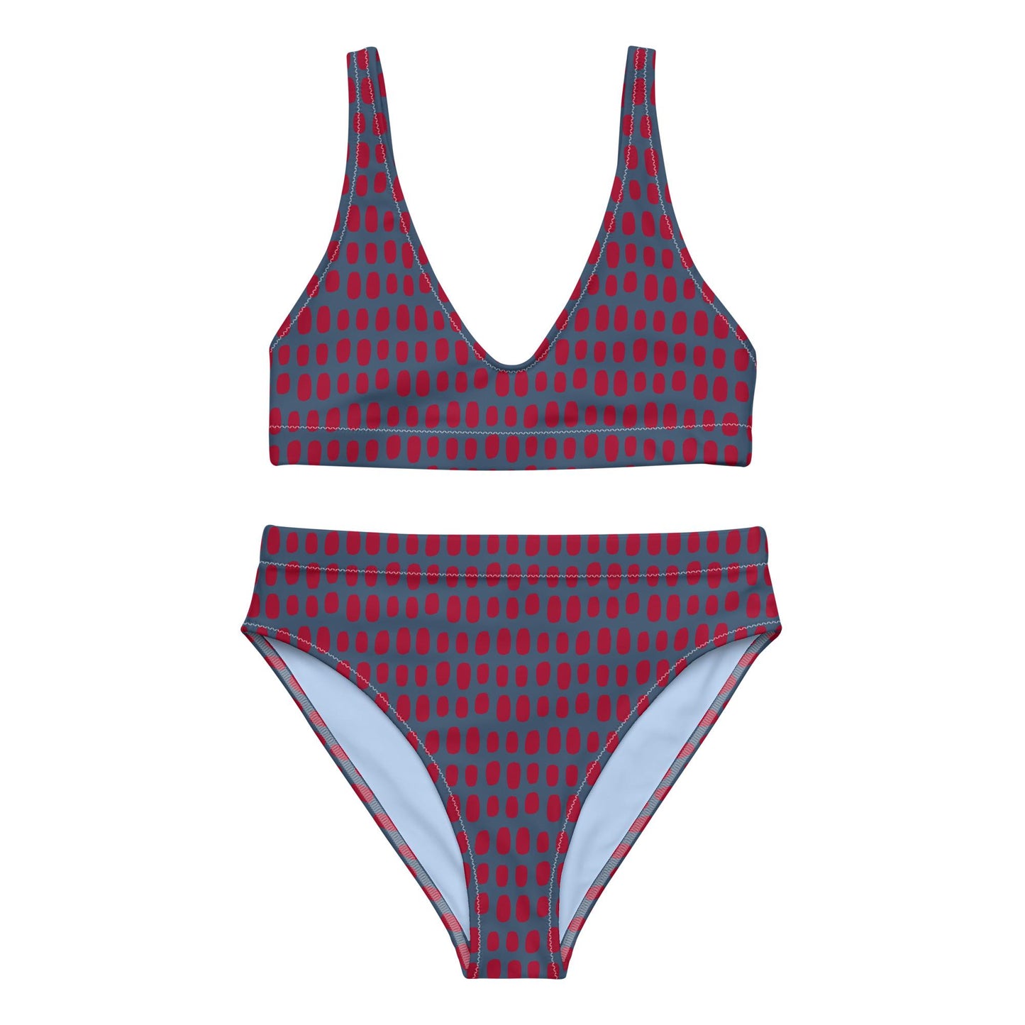 Navy Blue High-Waisted Bikini with Red Dots