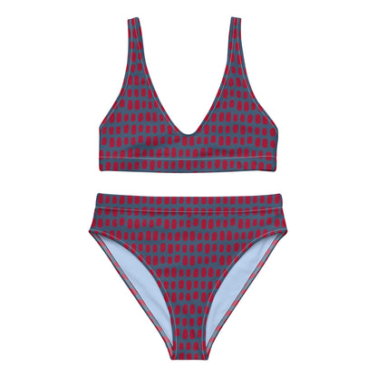 Navy Blue High-Waisted Bikini with Red Dots