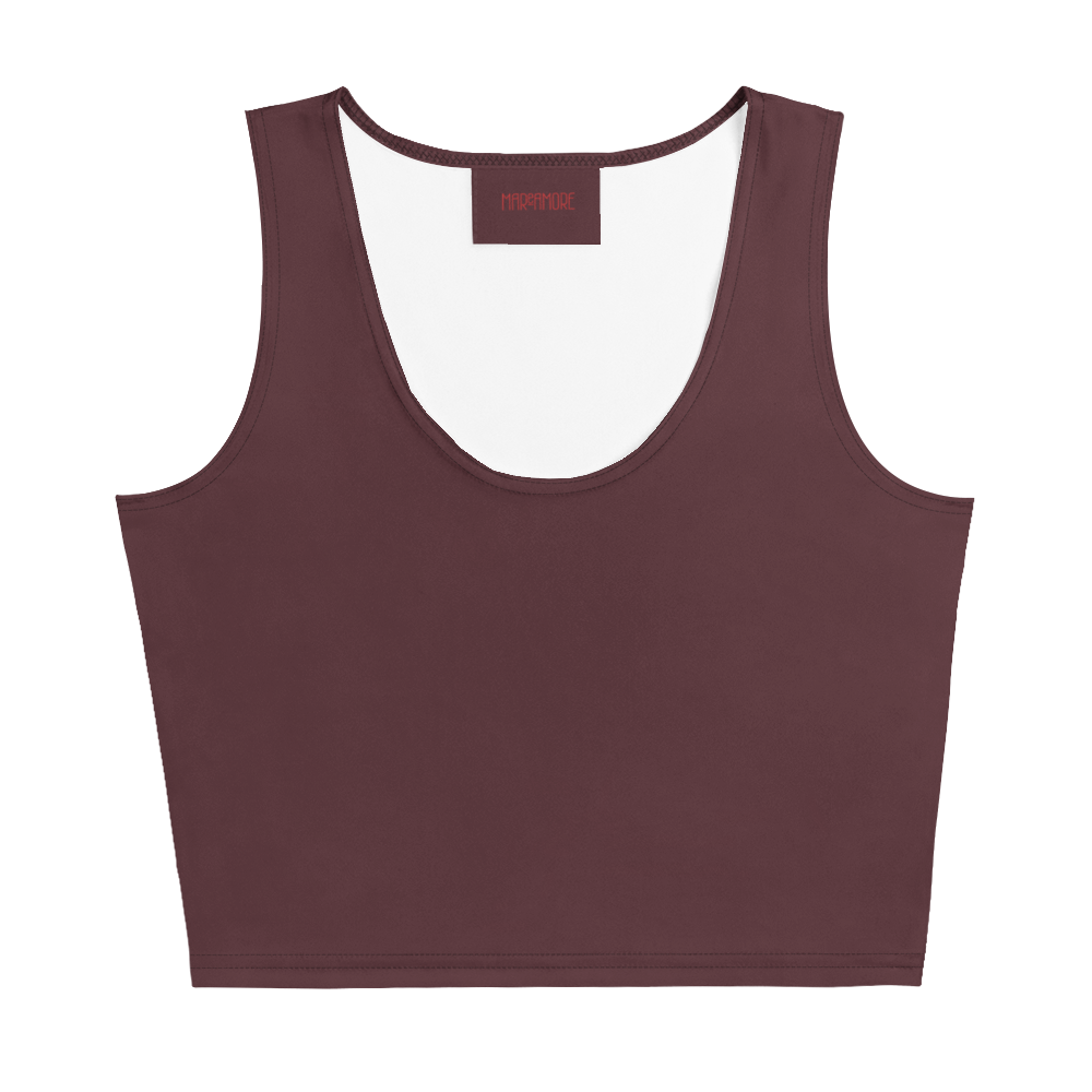 Maroon tank top with a brand label on a white background