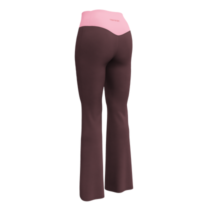 Brown leggings with pink waistband on a white background