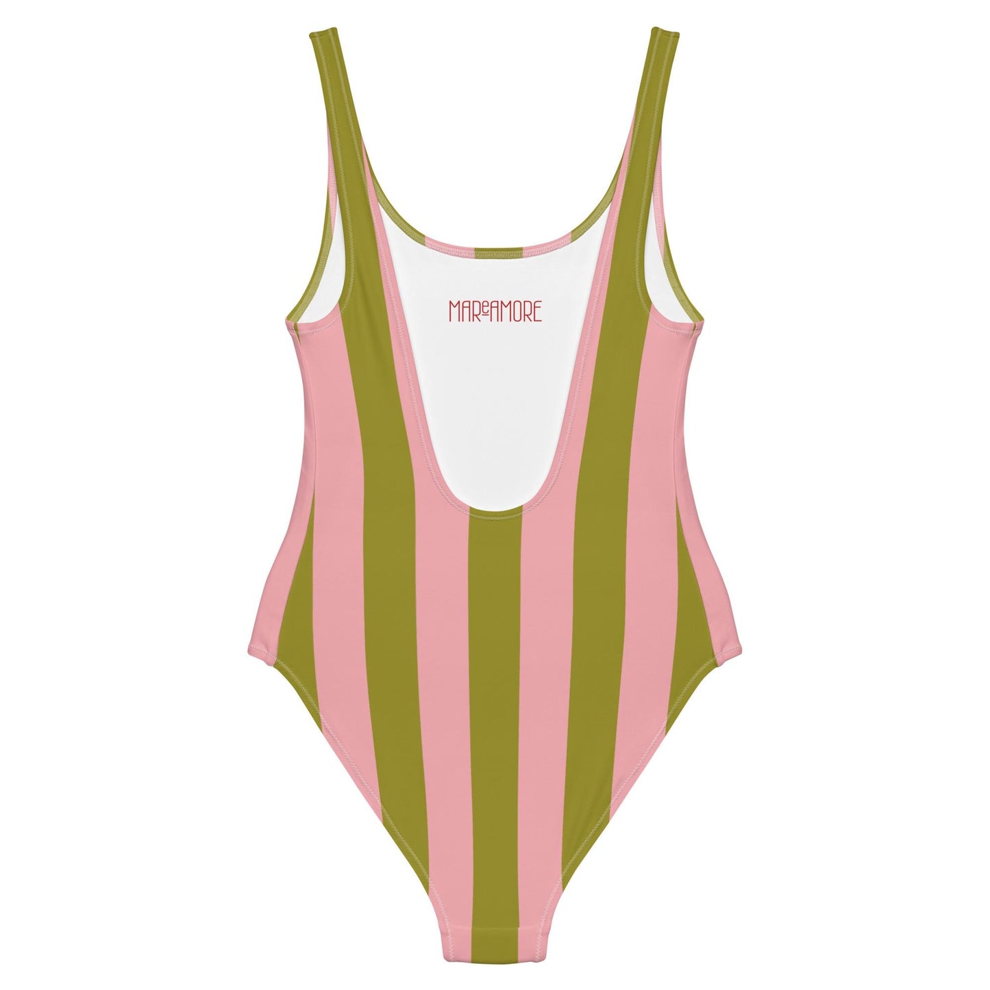 Olive Green & Pink Striped One-Piece Swimsuit