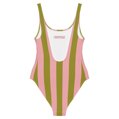 Olive Green & Pink Striped One-Piece Swimsuit