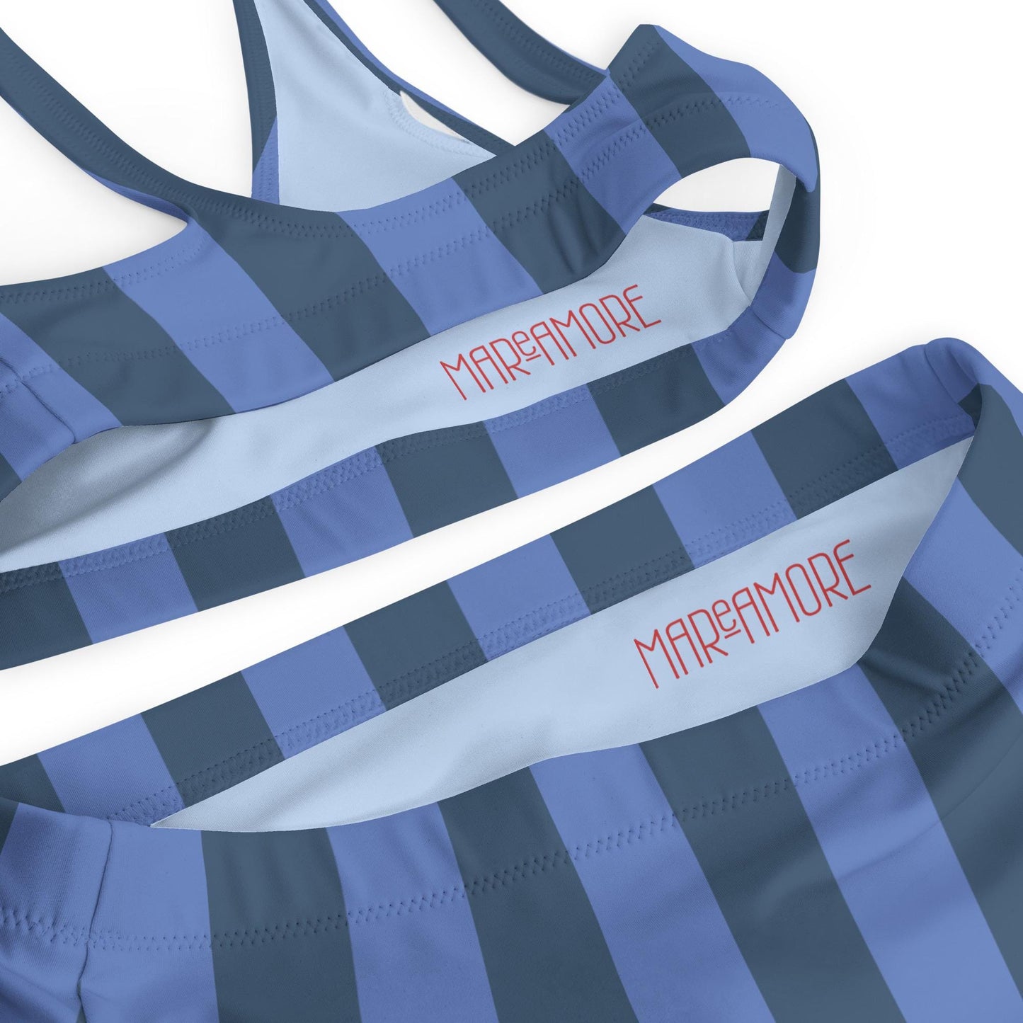 Navy Blue & Marine Striped High-Waisted Bikini Set