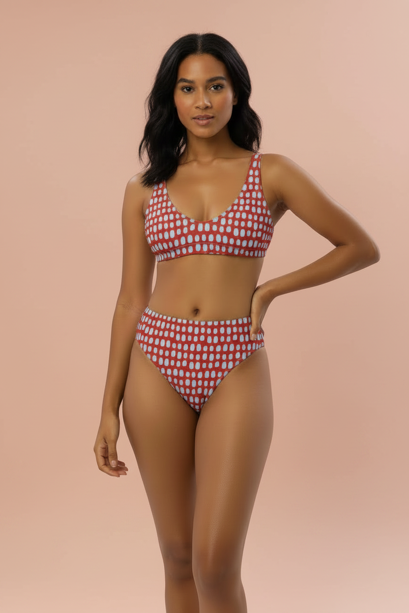 Red High-Waisted Bikini Set with Light Blue Dots