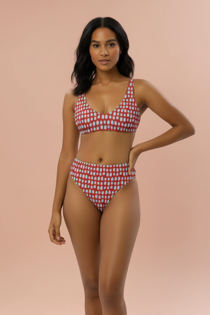 Red High-Waisted Bikini Set with Light Blue Dots