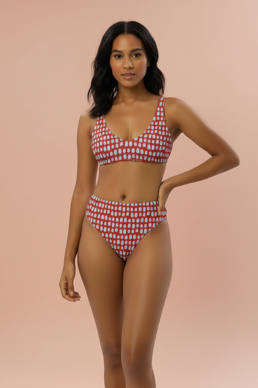 Red High-Waisted Bikini Set with Light Blue Dots