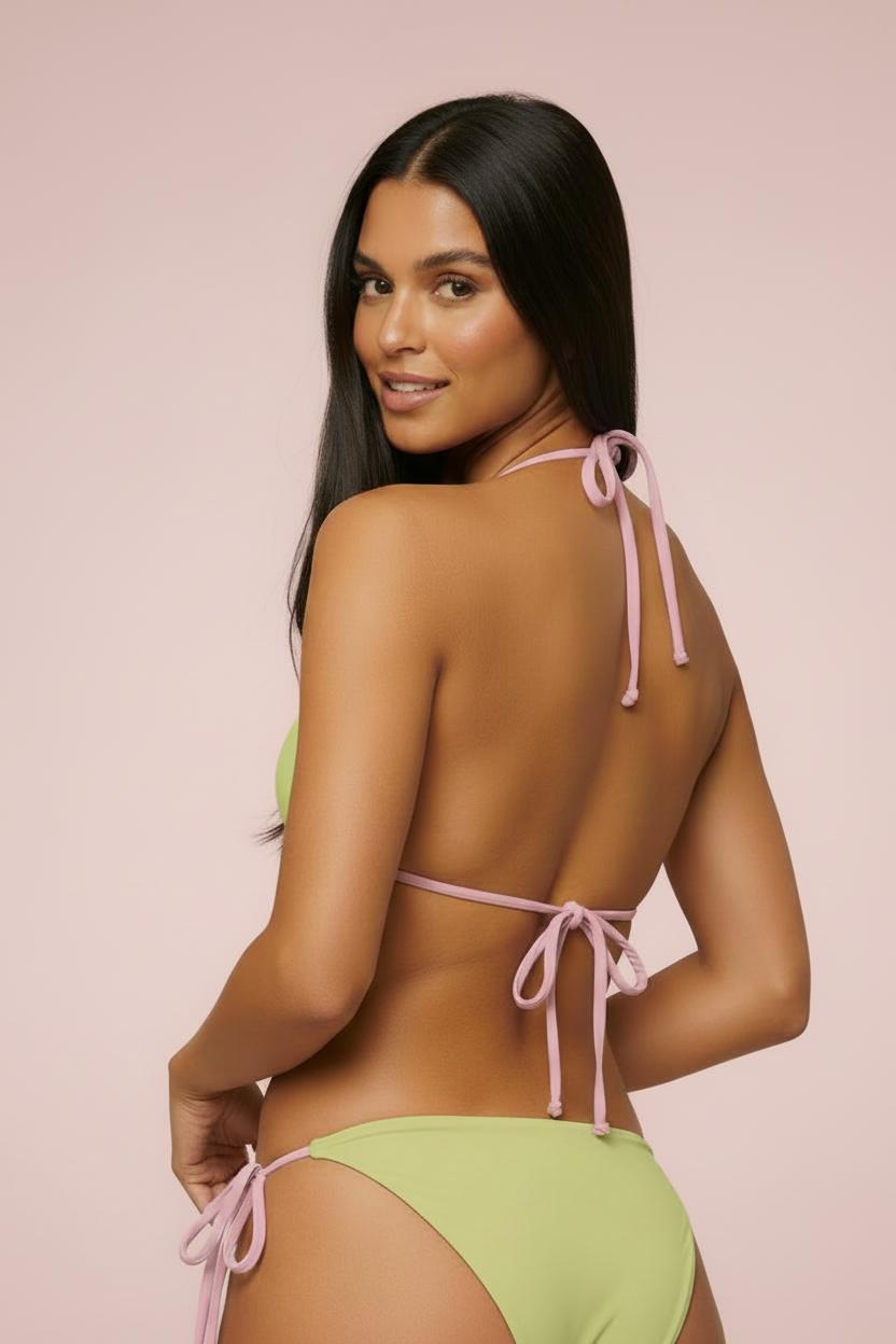 Yellow & Green Bikini Set with Pink Spaghetti Straps