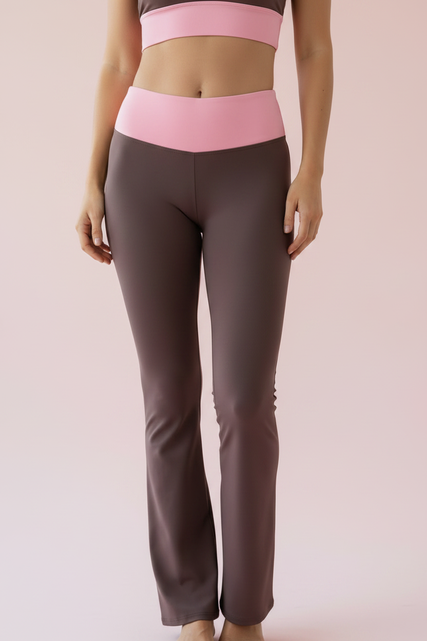 Brown and Pink Flare Leggings - Front Close Up