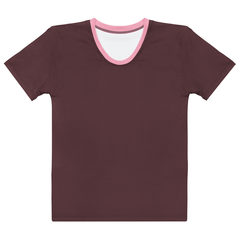 Maroon t-shirt with pink neckline on a white background