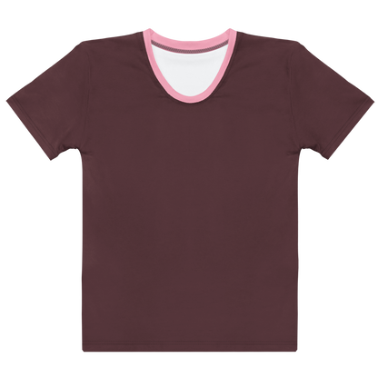 Maroon t-shirt with pink neckline on a white background
