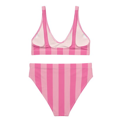 Fuchsia & Pink Striped High-Waisted Bikini Set