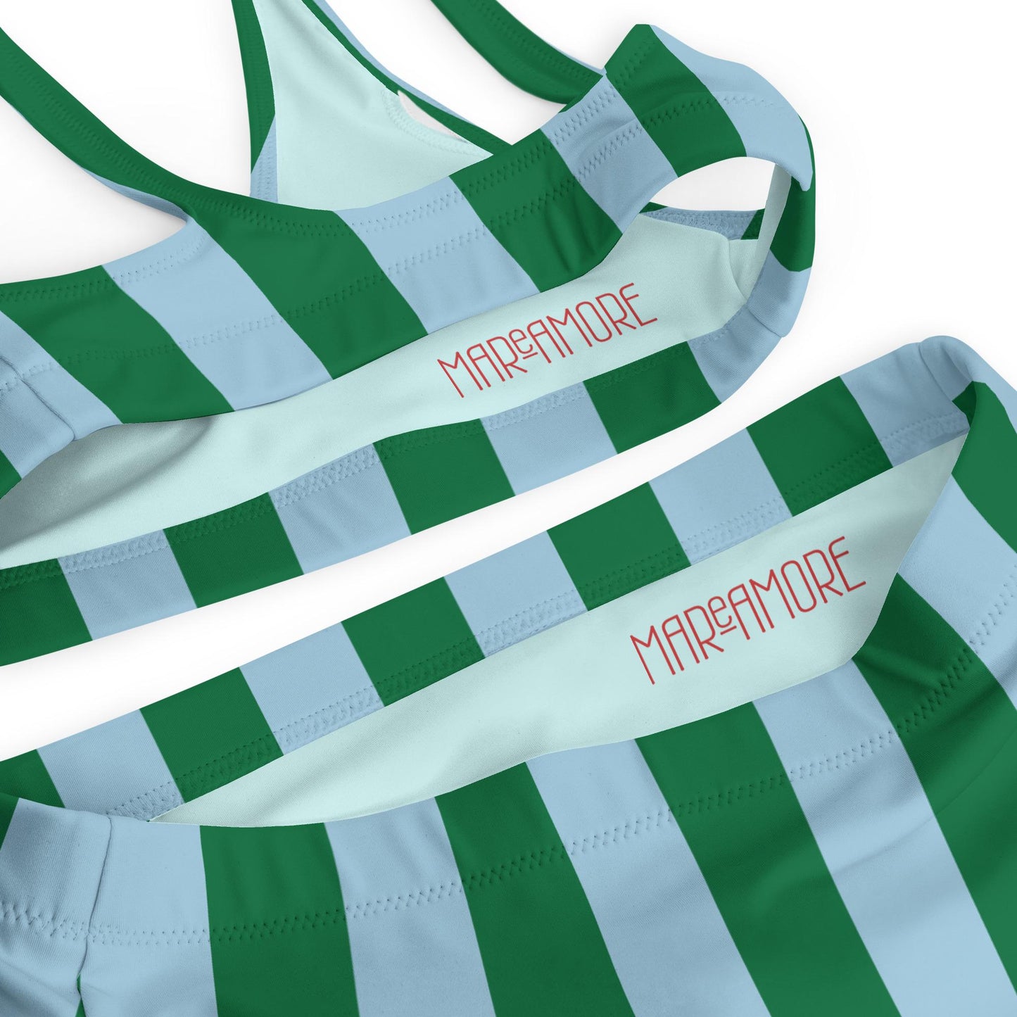 Green & Sky Blue Striped High-Waisted Bikini Set