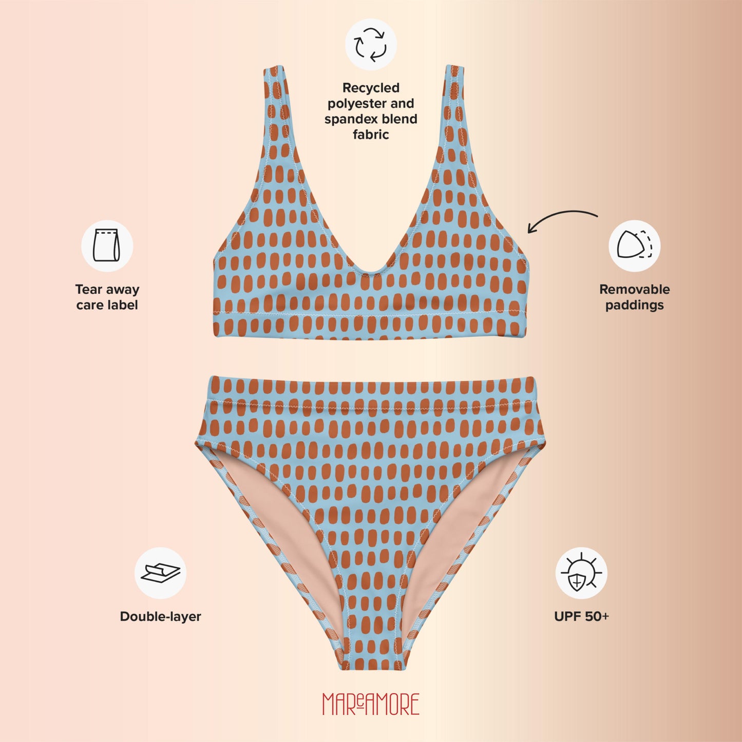 Sky Blue High-Waisted Bikini Set with Orange Dots