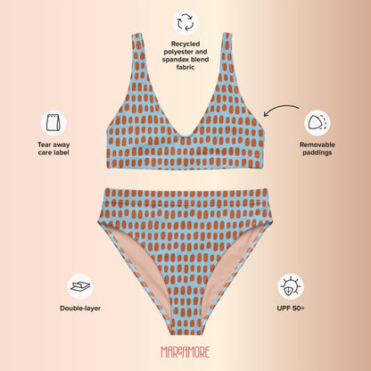 Sky Blue High-Waisted Bikini Set with Orange Dots