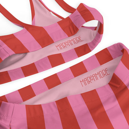 Red & Pink Striped High-Waisted Bikini Set