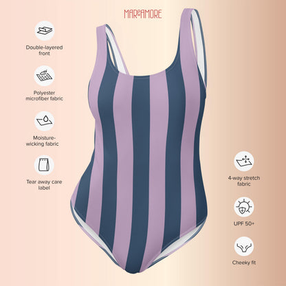 Navy Blue & Violet Striped One-Piece Swimsuit