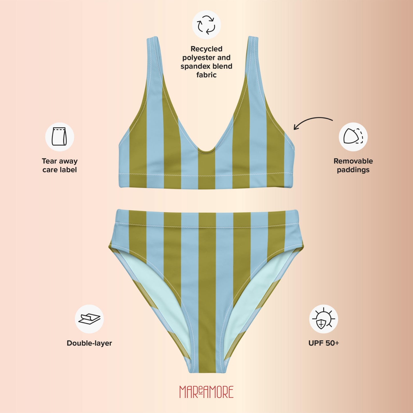 Olive Green & Blue Striped High-Waisted Bikini Set