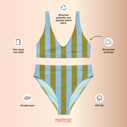 Olive Green & Blue Striped High-Waisted Bikini Set