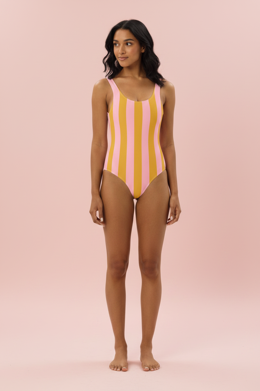Yellow & Pink Striped One-Piece Swimsuit