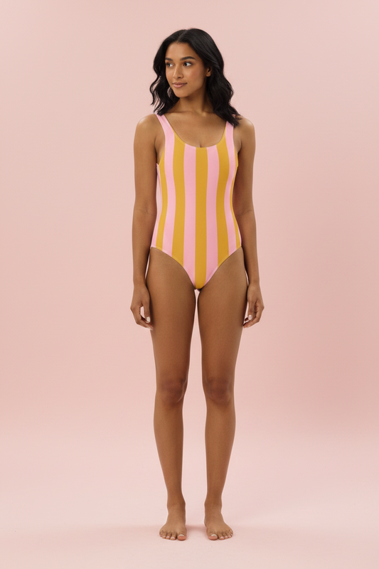 Yellow & Pink Striped One-Piece Swimsuit