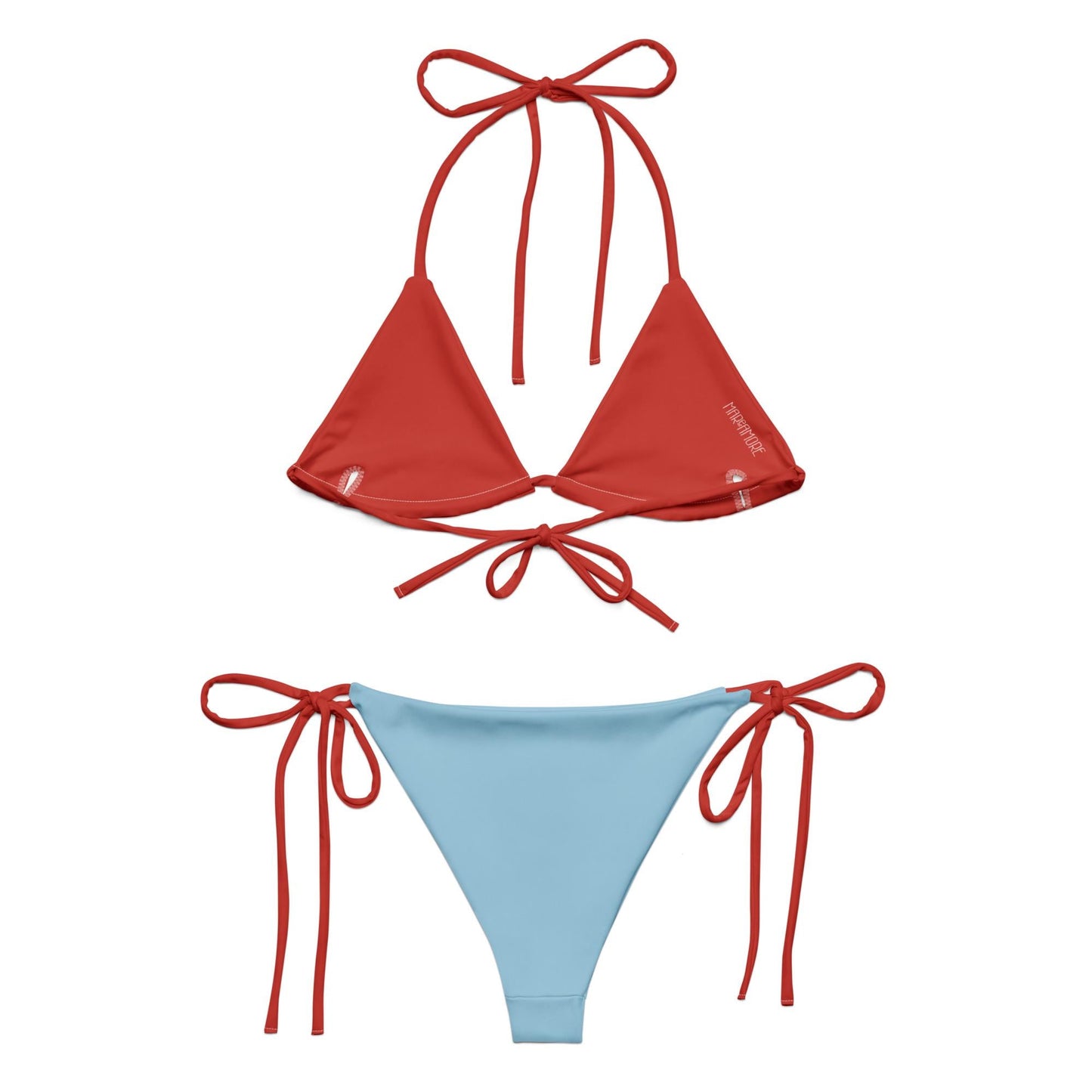 Sky Blue String Bikini Set with Red Spaghetti Straps