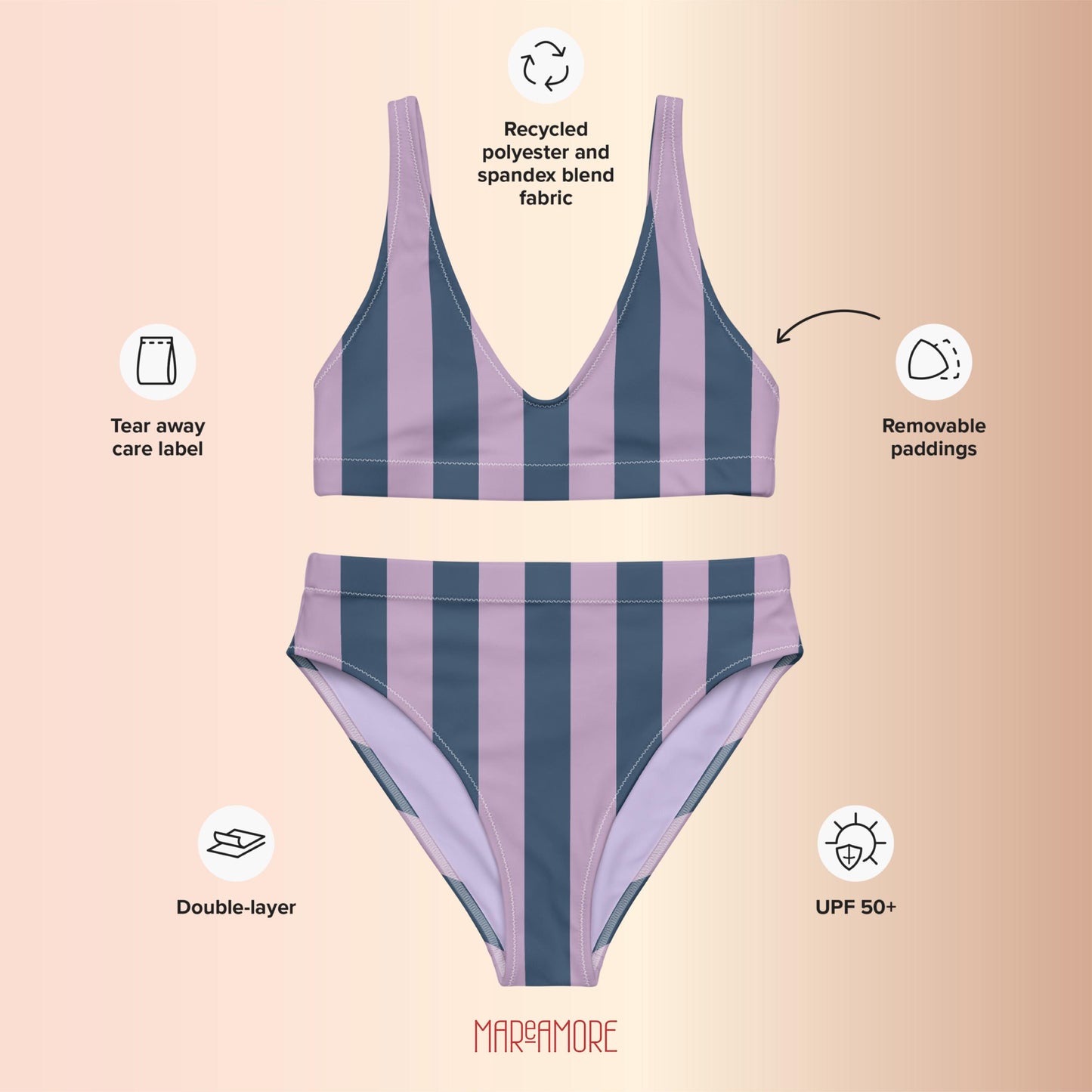 Navy Blue & Violet Striped High-Waisted Bikini Set