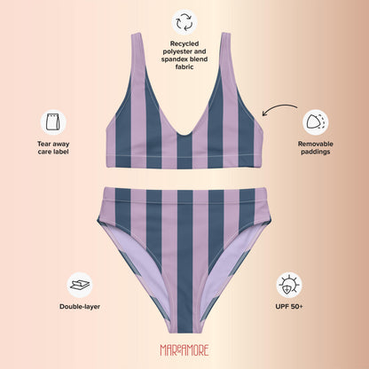 Navy Blue & Violet Striped High-Waisted Bikini Set