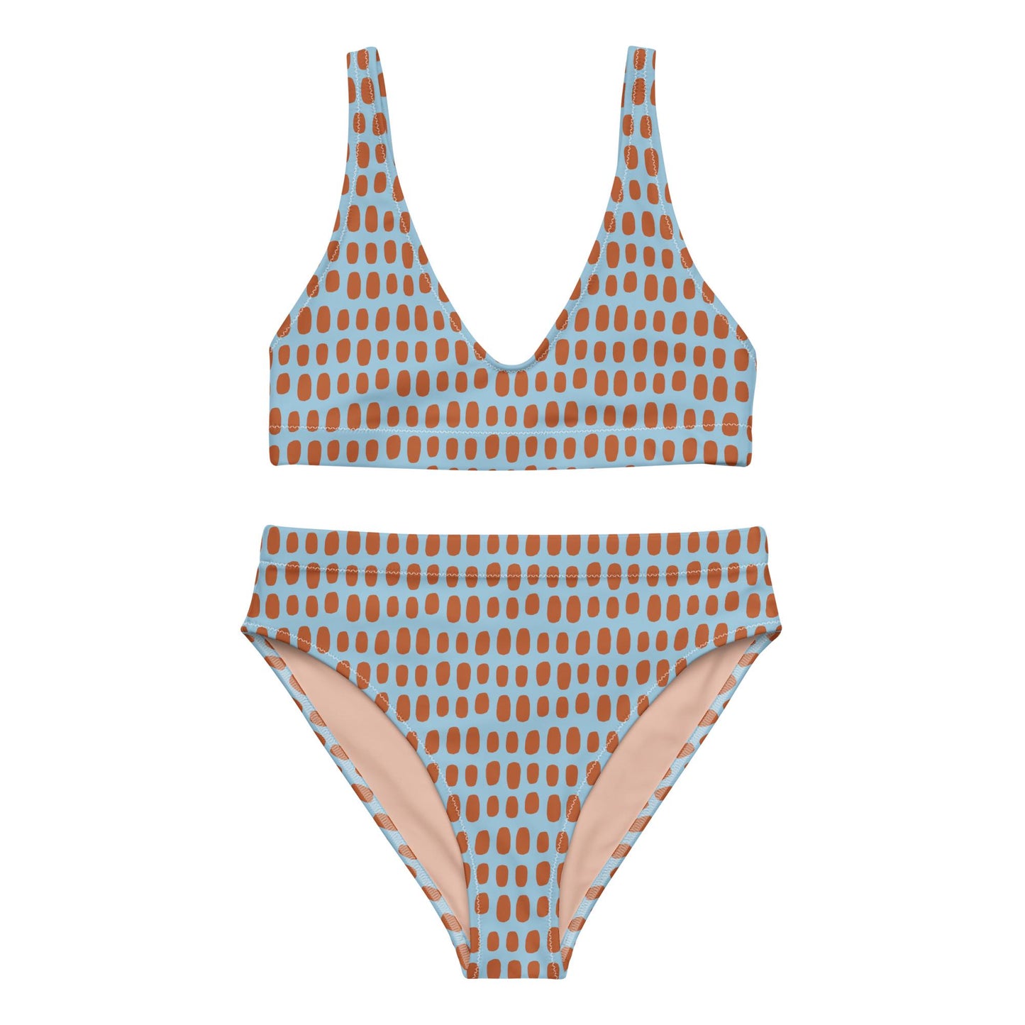 Sky Blue High-Waisted Bikini Set with Orange Dots