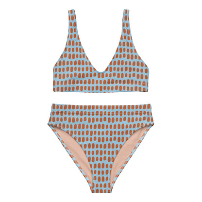 Sky Blue High-Waisted Bikini Set with Orange Dots