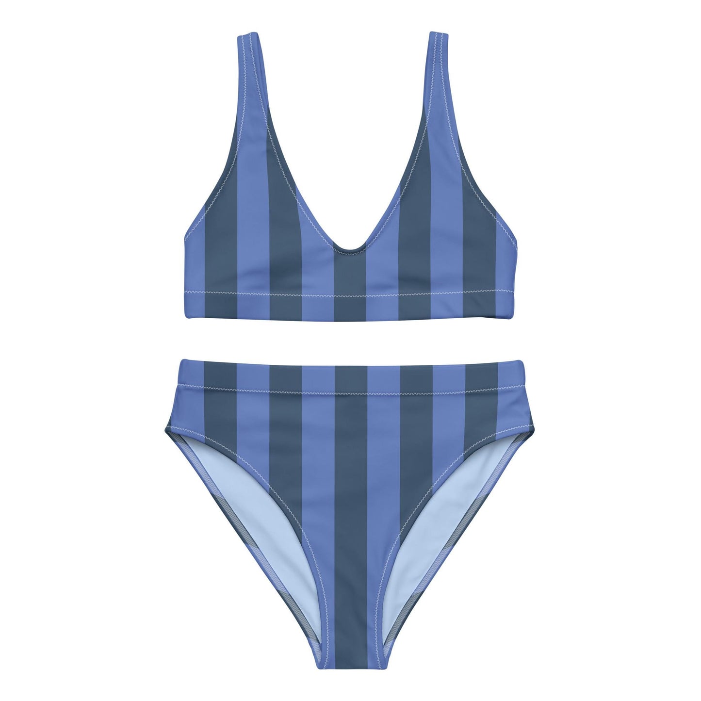 Navy Blue & Marine Striped High-Waisted Bikini Set
