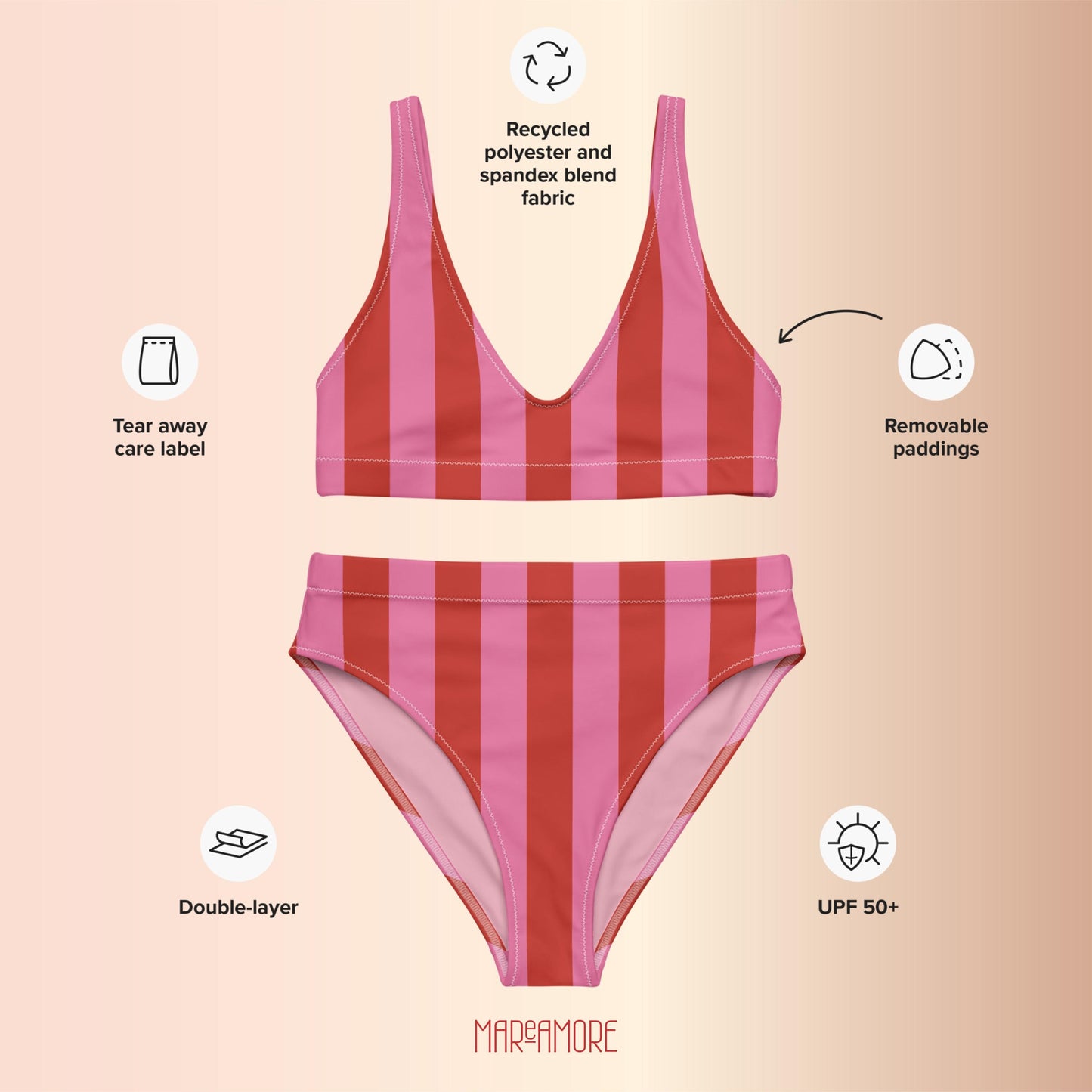 Red & Pink Striped High-Waisted Bikini Set