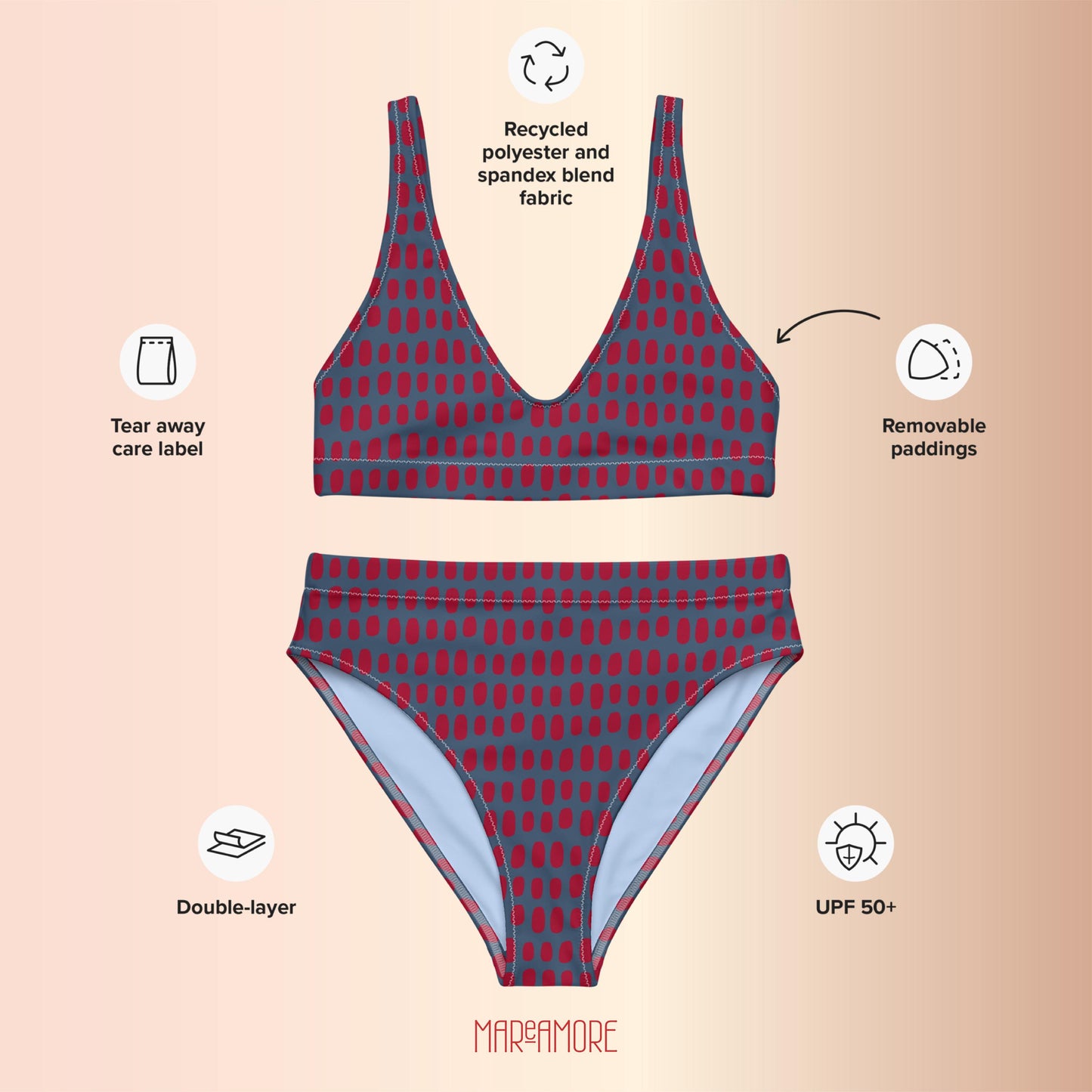 Navy Blue High-Waisted Bikini with Red Dots