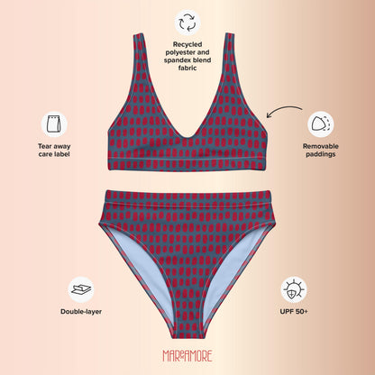 Navy Blue High-Waisted Bikini with Red Dots