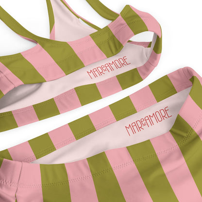 Olive Green & Pink Striped High-Waisted Bikini Set